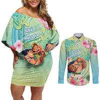 Personalised Hawaii Father's Day Couples Matching Off Shoulder Short Dress and Long Sleeve Button Shirt Happy Father And Child