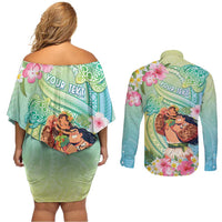 Personalised Hawaii Father's Day Couples Matching Off Shoulder Short Dress and Long Sleeve Button Shirt Happy Father And Child