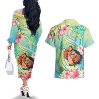 Personalised Hawaii Father's Day Couples Matching Off The Shoulder Long Sleeve Dress and Hawaiian Shirt Happy Father And Child