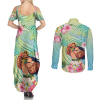 Personalised Hawaii Father's Day Couples Matching Summer Maxi Dress and Long Sleeve Button Shirt Happy Father And Child