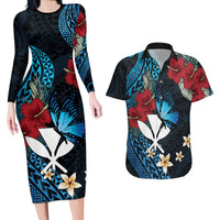 Hawaii Butterfly Couples Matching Long Sleeve Bodycon Dress and Hawaiian Shirt Kanaka Maoli Mix Hibiscus