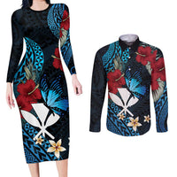 Hawaii Butterfly Couples Matching Long Sleeve Bodycon Dress and Long Sleeve Button Shirt Kanaka Maoli Mix Hibiscus