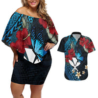 Hawaii Butterfly Couples Matching Off Shoulder Short Dress and Hawaiian Shirt Kanaka Maoli Mix Hibiscus