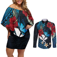 Hawaii Butterfly Couples Matching Off Shoulder Short Dress and Long Sleeve Button Shirt Kanaka Maoli Mix Hibiscus