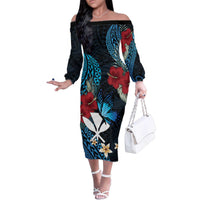 Hawaii Butterfly Family Matching Off The Shoulder Long Sleeve Dress and Hawaiian Shirt Kanaka Maoli Mix Hibiscus
