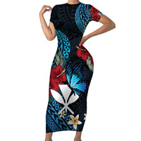 Hawaii Butterfly Family Matching Short Sleeve Bodycon Dress and Hawaiian Shirt Kanaka Maoli Mix Hibiscus