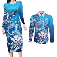 Hawaii Couples Matching Long Sleeve Bodycon Dress and Long Sleeve Button Shirt Turtle With Hammerhead Shark Oceanic