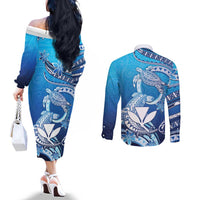 Hawaii Couples Matching Off The Shoulder Long Sleeve Dress and Long Sleeve Button Shirt Turtle With Hammerhead Shark Oceanic