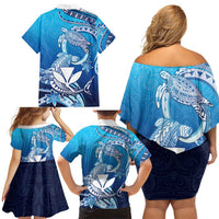 Hawaii Family Matching Off Shoulder Short Dress and Hawaiian Shirt Turtle With Hammerhead Shark Oceanic