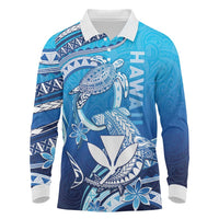 Hawaii Long Sleeve Polo Shirt Turtle With Hammerhead Shark Oceanic DT04 Blue - Polynesian Pride