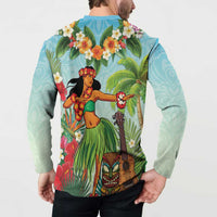 Hawaii Lei Day Button Sweatshirt Hula Girl With Tropical Forest