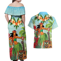 Hawaii Lei Day Couples Matching Off Shoulder Maxi Dress and Hawaiian Shirt Hula Girl With Tropical Forest