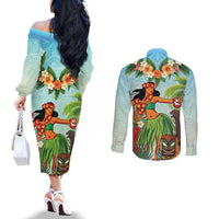 Hawaii Lei Day Couples Matching Off The Shoulder Long Sleeve Dress and Long Sleeve Button Shirt Hula Girl With Tropical Forest