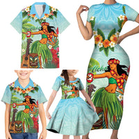 Hawaii Lei Day Family Matching Short Sleeve Bodycon Dress and Hawaiian Shirt Hula Girl With Tropical Forest