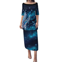 New Zealand Matariki Puletasi Maori Koru Mix Silver Fern DT04 Long Dress Blue - Polynesian Pride