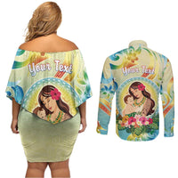 Personalised Hawaii Mother's Day Couples Matching Off Shoulder Short Dress and Long Sleeve Button Shirt I Love You Mom