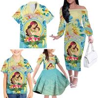 Personalised Hawaii Mother's Day Family Matching Off The Shoulder Long Sleeve Dress and Hawaiian Shirt I Love You Mom