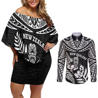 Custom New Zealand Rugby Couples Matching Off Shoulder Short Dress and Long Sleeve Button Shirt Silver Fern Maori Pattern