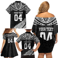 Custom New Zealand Rugby Family Matching Off Shoulder Short Dress and Hawaiian Shirt Silver Fern Maori Pattern