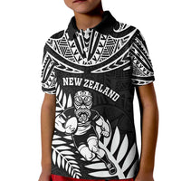 Custom New Zealand Rugby Kid Polo Shirt Silver Fern Maori Pattern DT04 Kid Black - Polynesian Pride