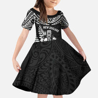 Custom New Zealand Rugby Kid Short Sleeve Dress Silver Fern Maori Pattern