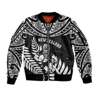 Custom New Zealand Rugby Sleeve Zip Bomber Jacket Silver Fern Maori Pattern DT04 Unisex Black - Polynesian Pride