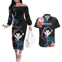 Personalised Hawaii Couples Matching Off The Shoulder Long Sleeve Dress and Hawaiian Shirt Kanaka Maoli With Fish Hook