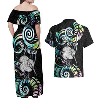 New Zealand Kiwi Bird Couples Matching Off Shoulder Maxi Dress and Hawaiian Shirt Silver Fern Koru Paua Shell