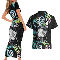 New Zealand Kiwi Bird Couples Matching Short Sleeve Bodycon Dress and Hawaiian Shirt Silver Fern Koru Paua Shell