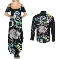 New Zealand Kiwi Bird Couples Matching Summer Maxi Dress and Long Sleeve Button Shirt Silver Fern Koru Paua Shell