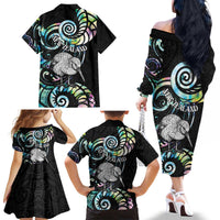 New Zealand Kiwi Bird Family Matching Off The Shoulder Long Sleeve Dress and Hawaiian Shirt Silver Fern Koru Paua Shell