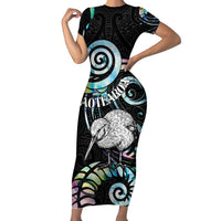 New Zealand Kiwi Bird Short Sleeve Bodycon Dress Silver Fern Koru Paua Shell