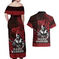 Hawaii Ikaika Warrior Couples Matching Off Shoulder Maxi Dress and Hawaiian Shirt Hawaiian Tribal Tattoo