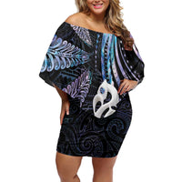 New Zealand Aotearoa Family Matching Off Shoulder Short Dress and Hawaiian Shirt Maori Hei Manaia Purple Paua Shell