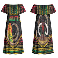 Vanuatu Language Week Couples Matching Off Shoulder Maxi Dress and Hawaiian Shirt Boar Tusk Warrior Tribal Floral Pattern