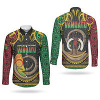 Vanuatu Language Week Couples Matching Off Shoulder Maxi Dress and Long Sleeve Button Shirt Boar Tusk Warrior Tribal Floral Pattern