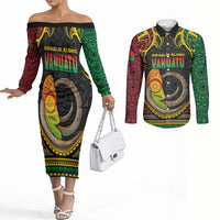 Vanuatu Language Week Couples Matching Off The Shoulder Long Sleeve Dress and Long Sleeve Button Shirt Boar Tusk Warrior Tribal Floral Pattern
