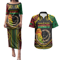 Vanuatu Language Week Couples Matching Puletasi and Hawaiian Shirt Boar Tusk Warrior Tribal Floral Pattern
