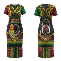 Vanuatu Language Week Couples Matching Short Sleeve Bodycon Dress and Hawaiian Shirt Boar Tusk Warrior Tribal Floral Pattern DT05 - Polynesian Pride