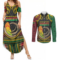 Vanuatu Language Week Couples Matching Summer Maxi Dress and Long Sleeve Button Shirt Boar Tusk Warrior Tribal Floral Pattern