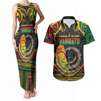 Vanuatu Language Week Couples Matching Tank Maxi Dress and Hawaiian Shirt Boar Tusk Warrior Tribal Floral Pattern