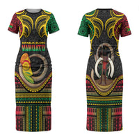Vanuatu Language Week Family Matching Short Sleeve Bodycon Dress and Hawaiian Shirt Boar Tusk Warrior Tribal Floral Pattern DT05 Mom's Dress Black - Polynesian Pride