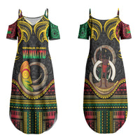 Vanuatu Language Week Family Matching Summer Maxi Dress and Hawaiian Shirt Boar Tusk Warrior Tribal Floral Pattern DT05 Mom's Dress Black - Polynesian Pride