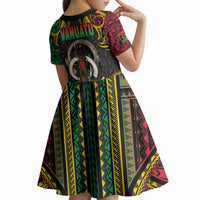 Vanuatu Language Week Kid Short Sleeve Dress Boar Tusk Warrior Tribal Floral Pattern