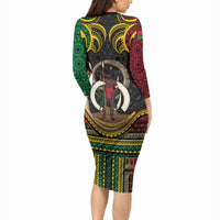 Vanuatu Language Week Long Sleeve Bodycon Dress Boar Tusk Warrior Tribal Floral Pattern