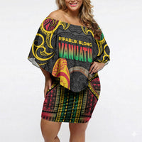 Vanuatu Language Week Off Shoulder Short Dress Boar Tusk Warrior Tribal Floral Pattern