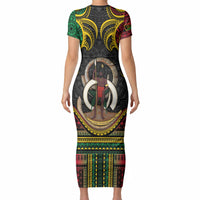 Vanuatu Language Week Short Sleeve Bodycon Dress Boar Tusk Warrior Tribal Floral Pattern