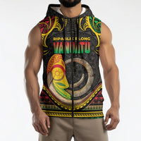 Vanuatu Language Week Sleeveless Zip Hoodie Boar Tusk Warrior Tribal Floral Pattern
