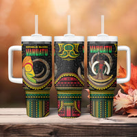 Vanuatu Language Week Tumbler With Handle Boar Tusk Warrior Tribal Floral Pattern