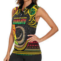 Vanuatu Language Week Women Sleeveless Polo Shirt Boar Tusk Warrior Tribal Floral Pattern